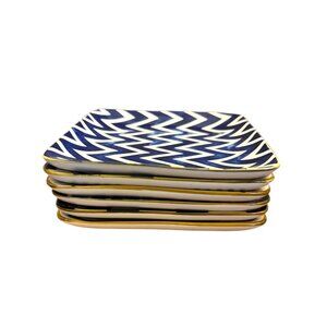 Set Of 6 Over & Back Stoneware Square Plates With Blue Geometric Patterns